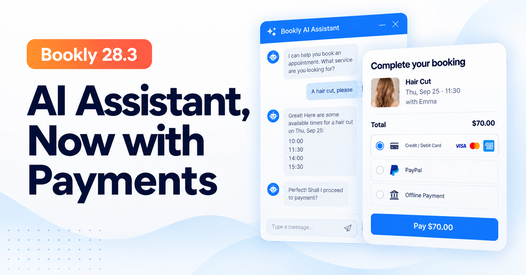 Bookly 28.3: AI Assistant, now with payments, illustrated with a booking conversation and checkout options