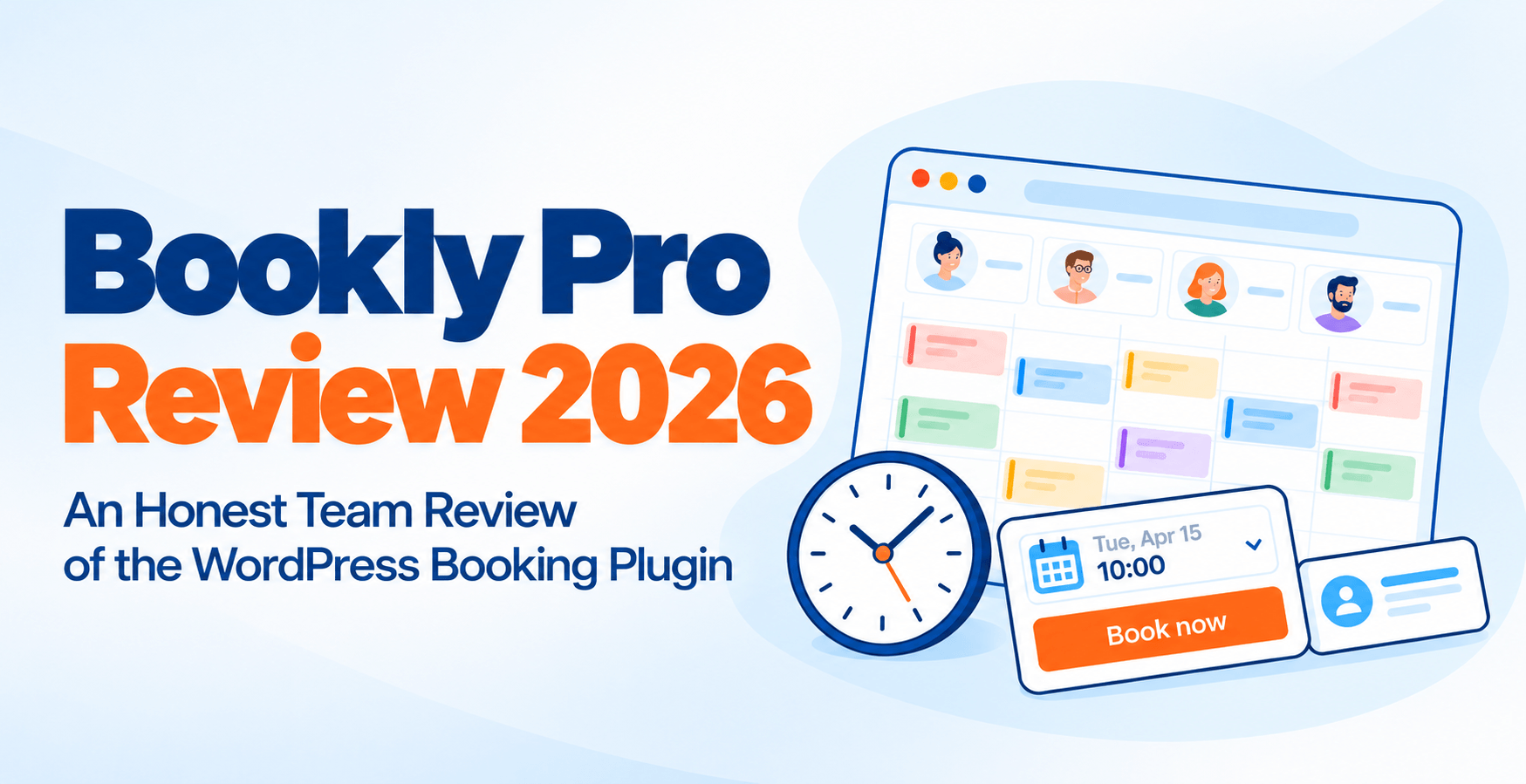 Bookly Pro Review 2026 — illustrated booking calendar with staff profiles and colour-coded appointments