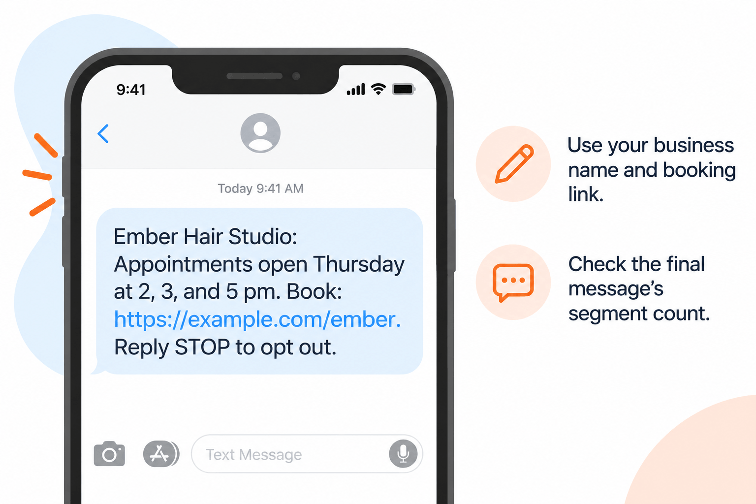 Promotional SMS example for Ember Hair Studio with open appointment times