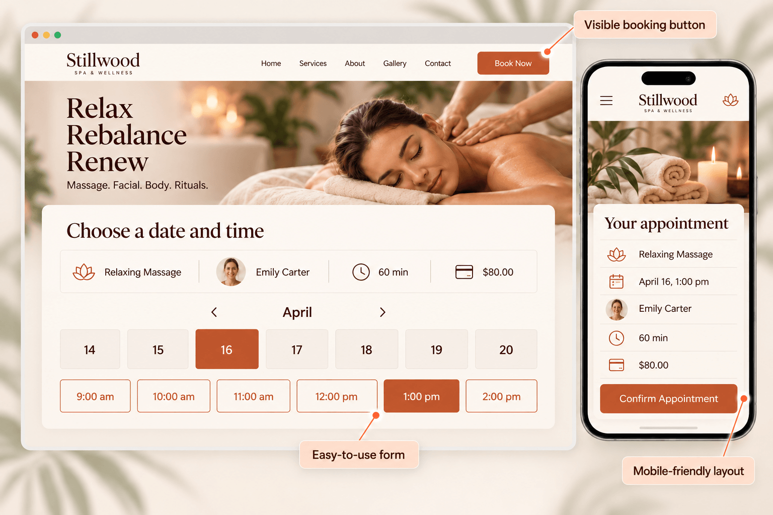 Spa booking website showing desktop date and time selection and a mobile appointment summary