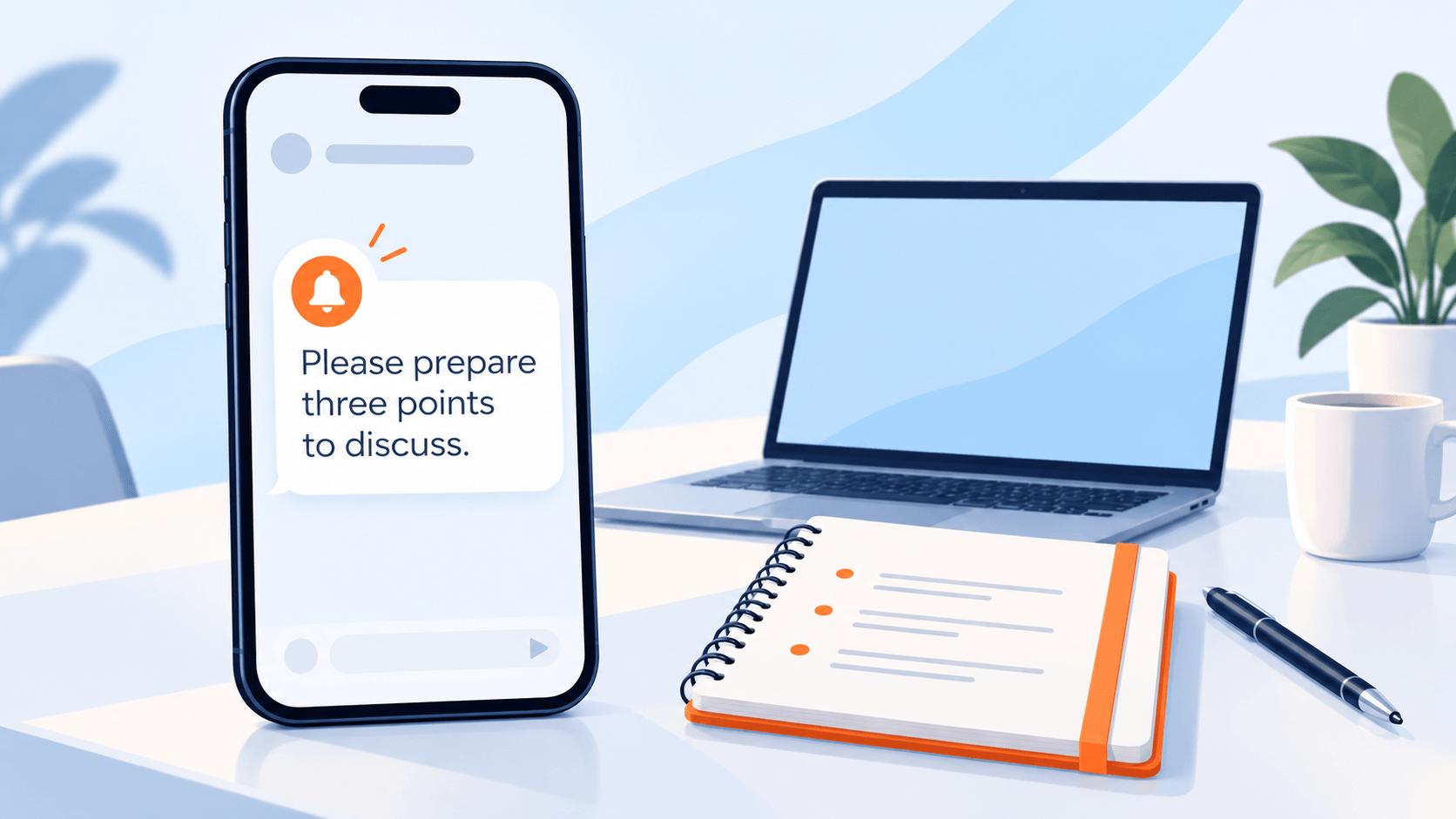 SMS reminder to prepare three points to discuss, beside a laptop, notebook, and pen.