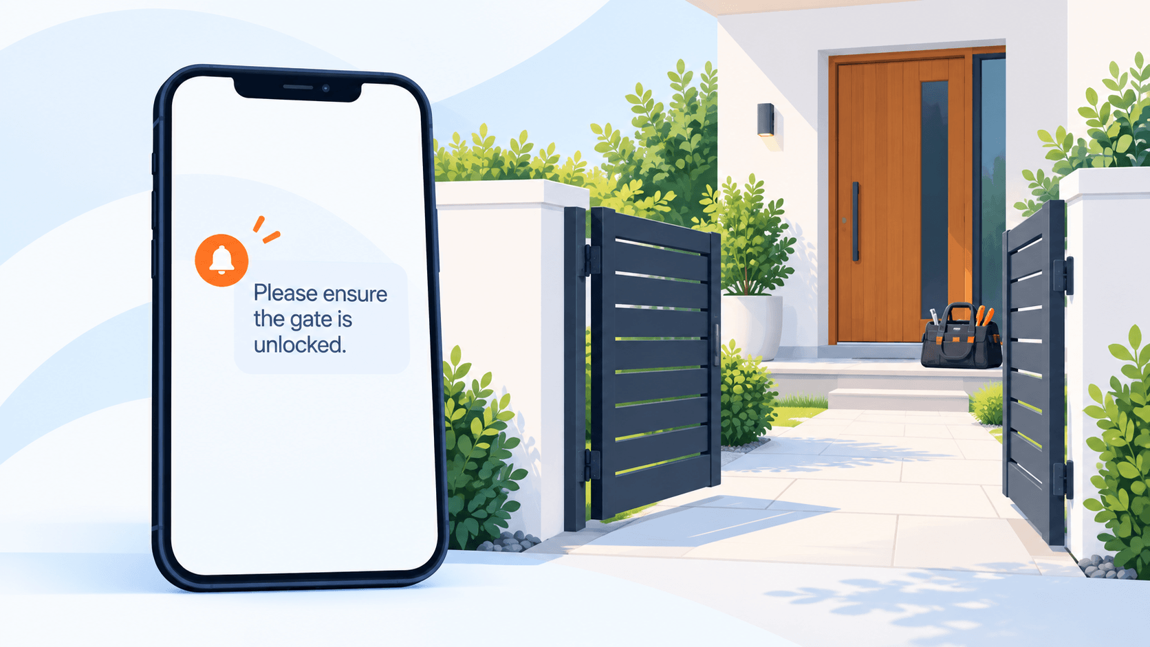 SMS reminder to unlock the gate, beside an open gate leading to a home with a technician’s tool bag.