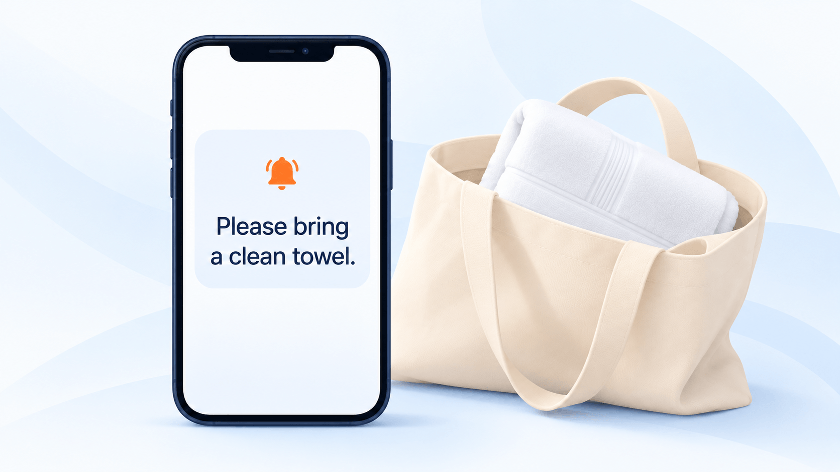 SMS reminder to bring a clean towel, beside a tote bag with a folded towel.