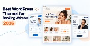 Best WordPress themes for booking websites in 2026, illustrated with three service-business website layouts.