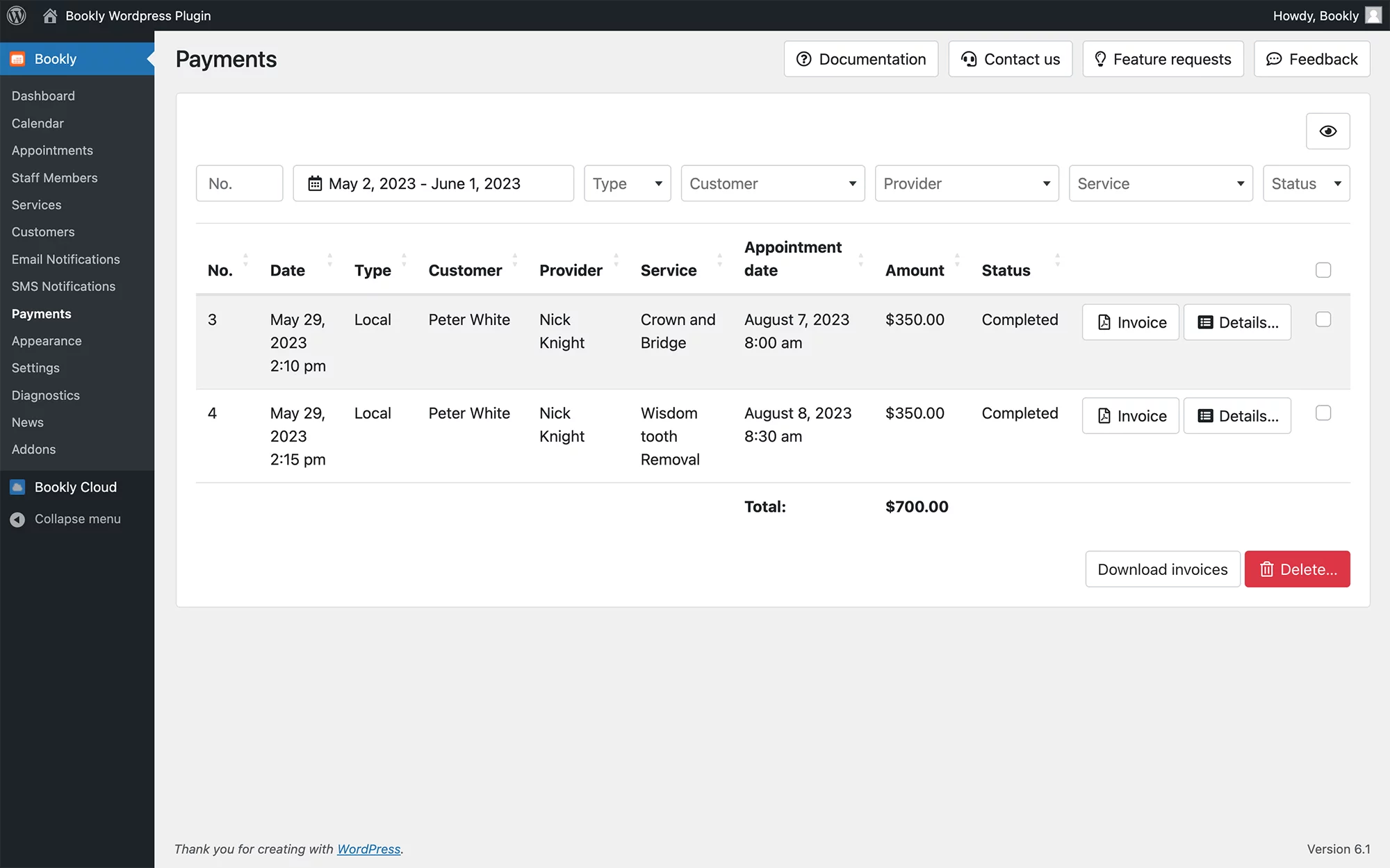 Automatic invoicing in Bookly