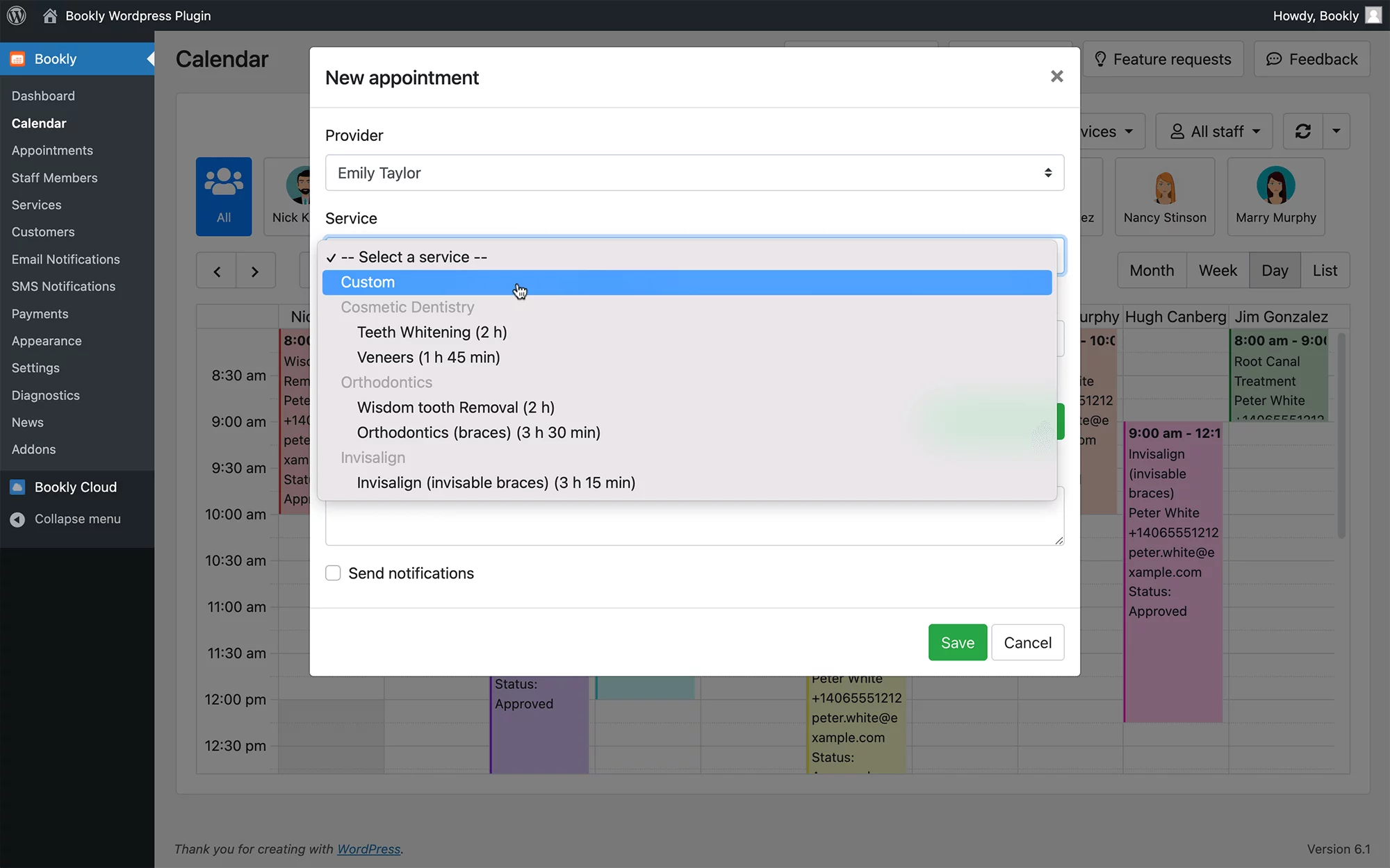 Create appointments with custom service in Bookly