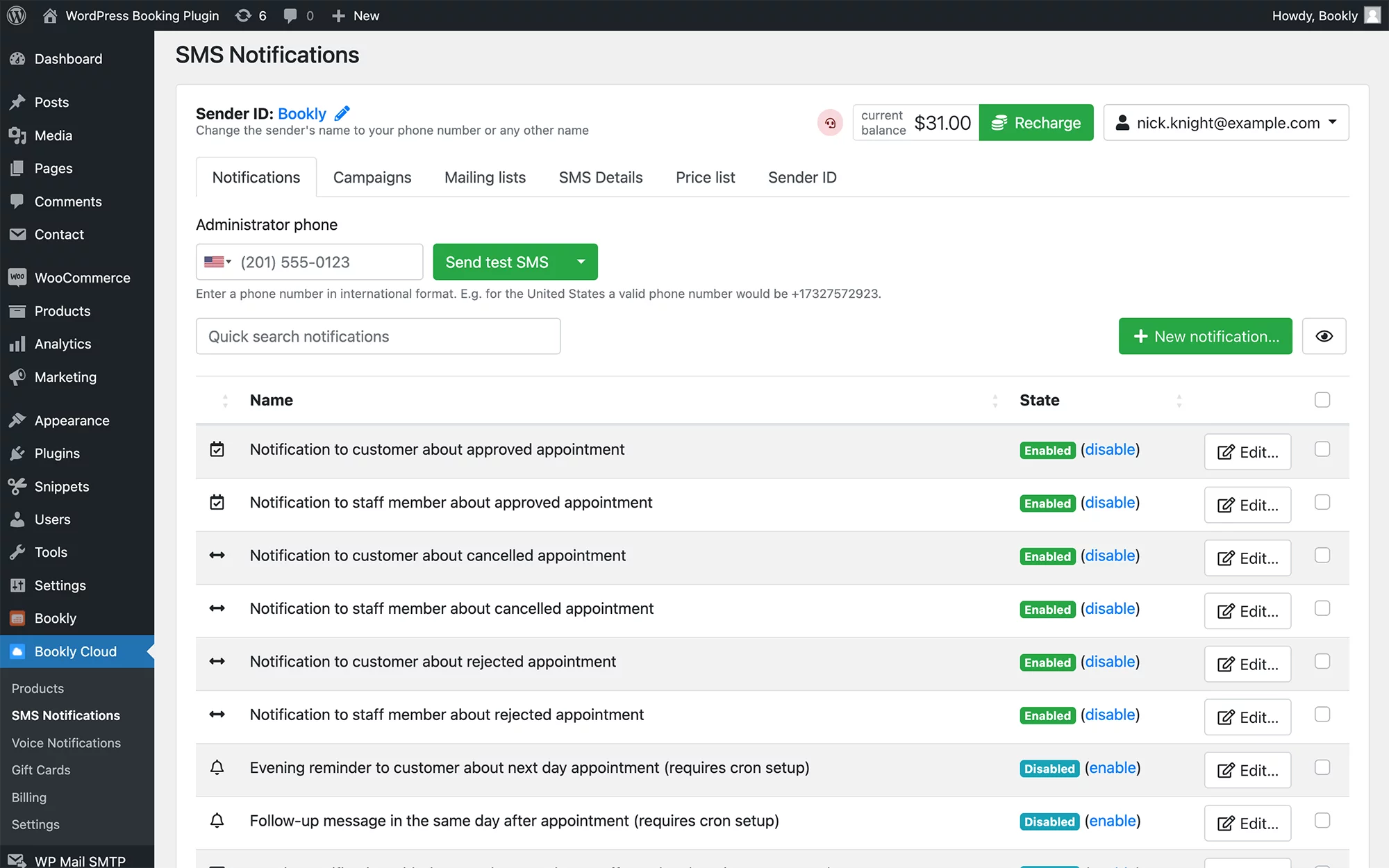 Customizable Email and SMS notifications in Bookly