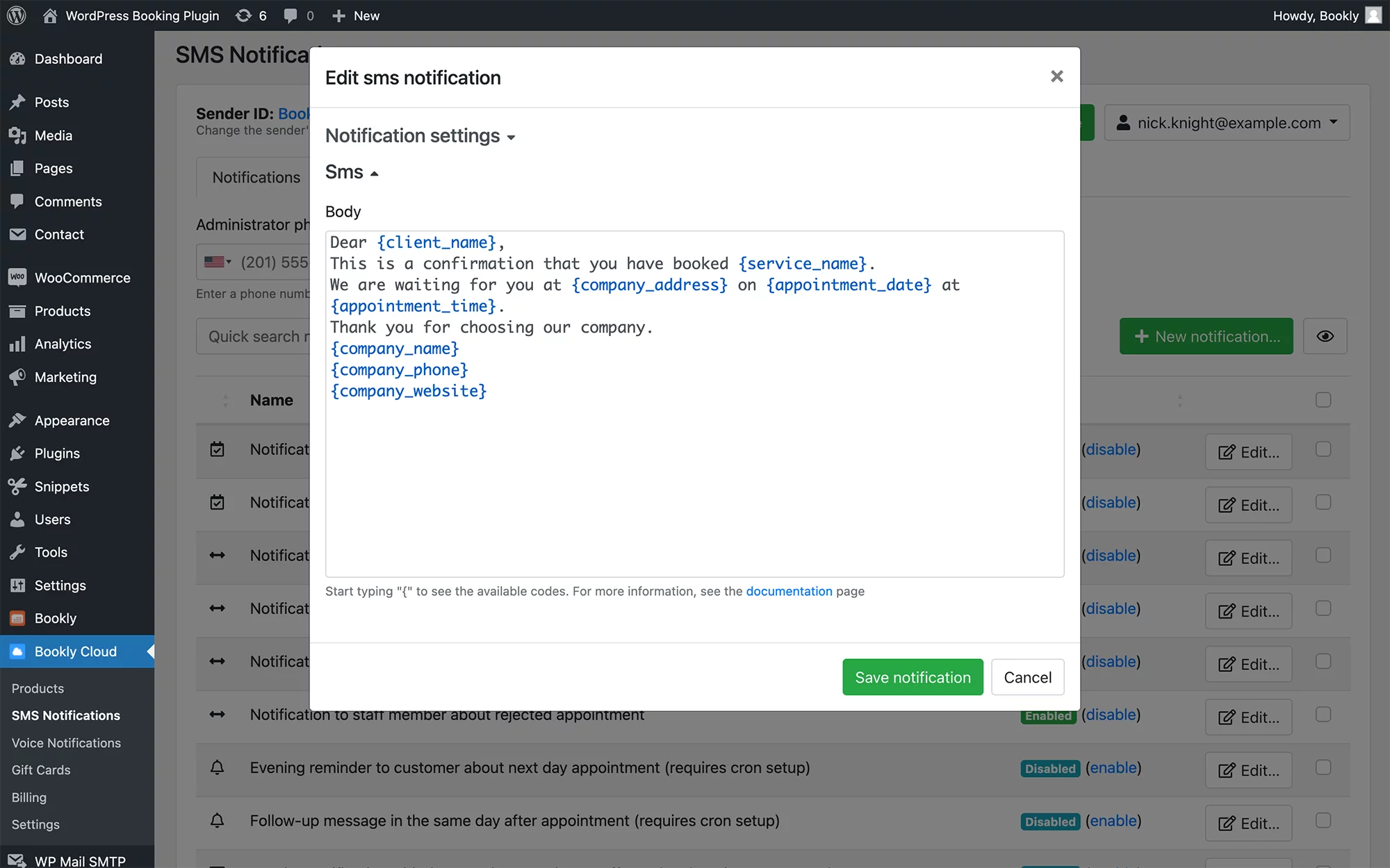 Customizable Email and SMS notifications in Bookly