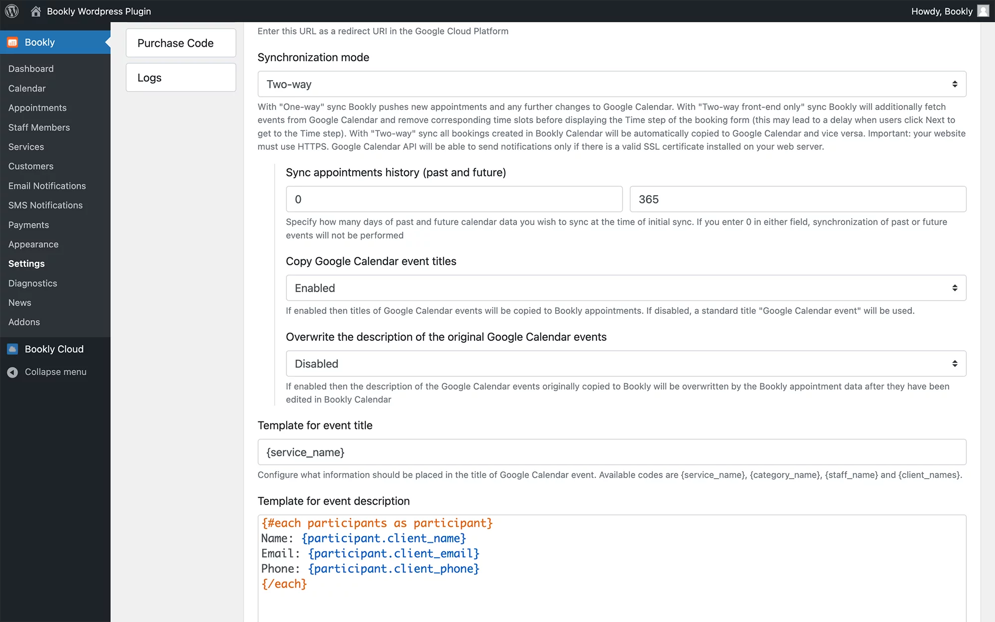 Full two-way sync with Google Calendar in Bookly