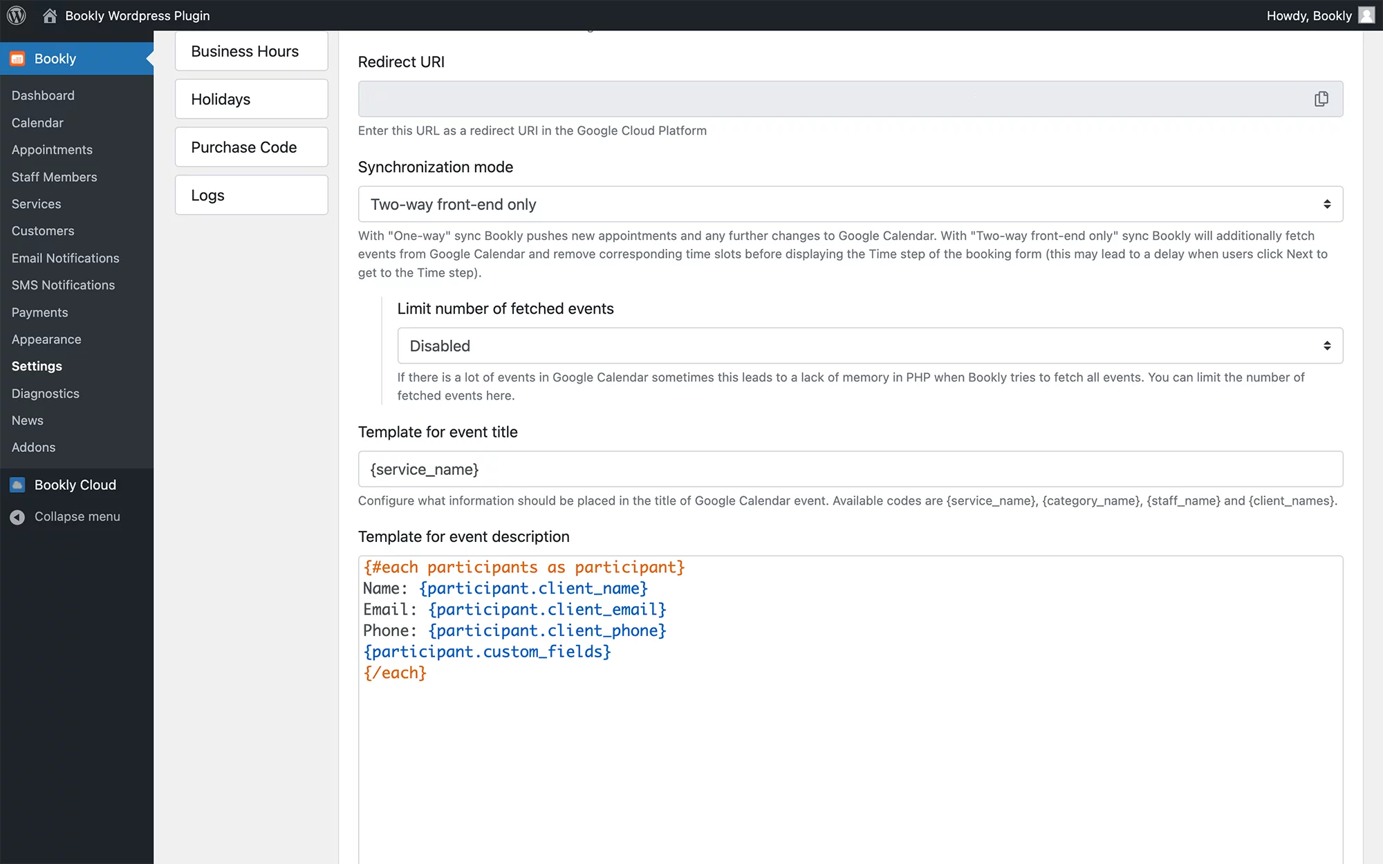 Google Calendar integration in Bookly