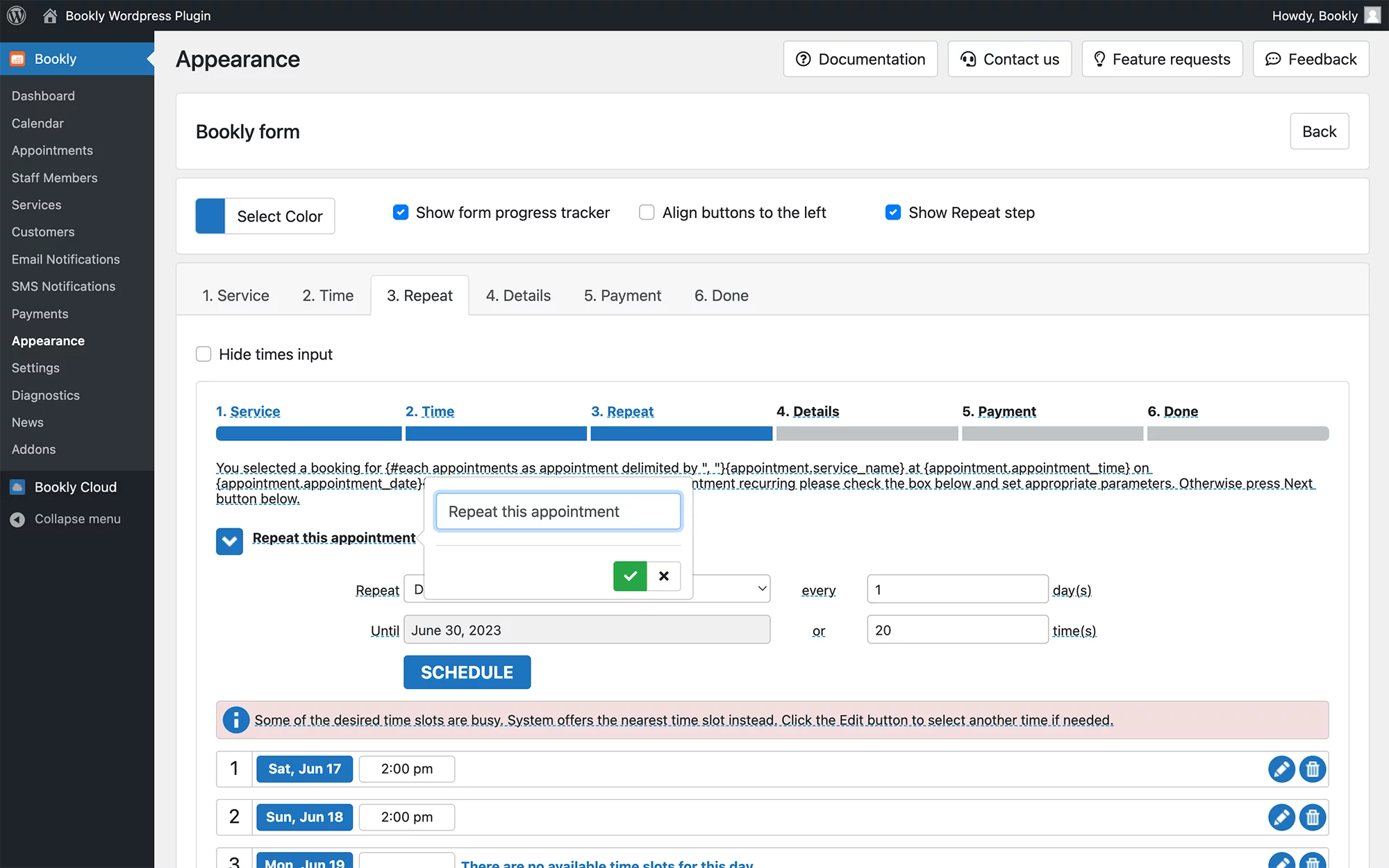 Recurring appointments in Bookly