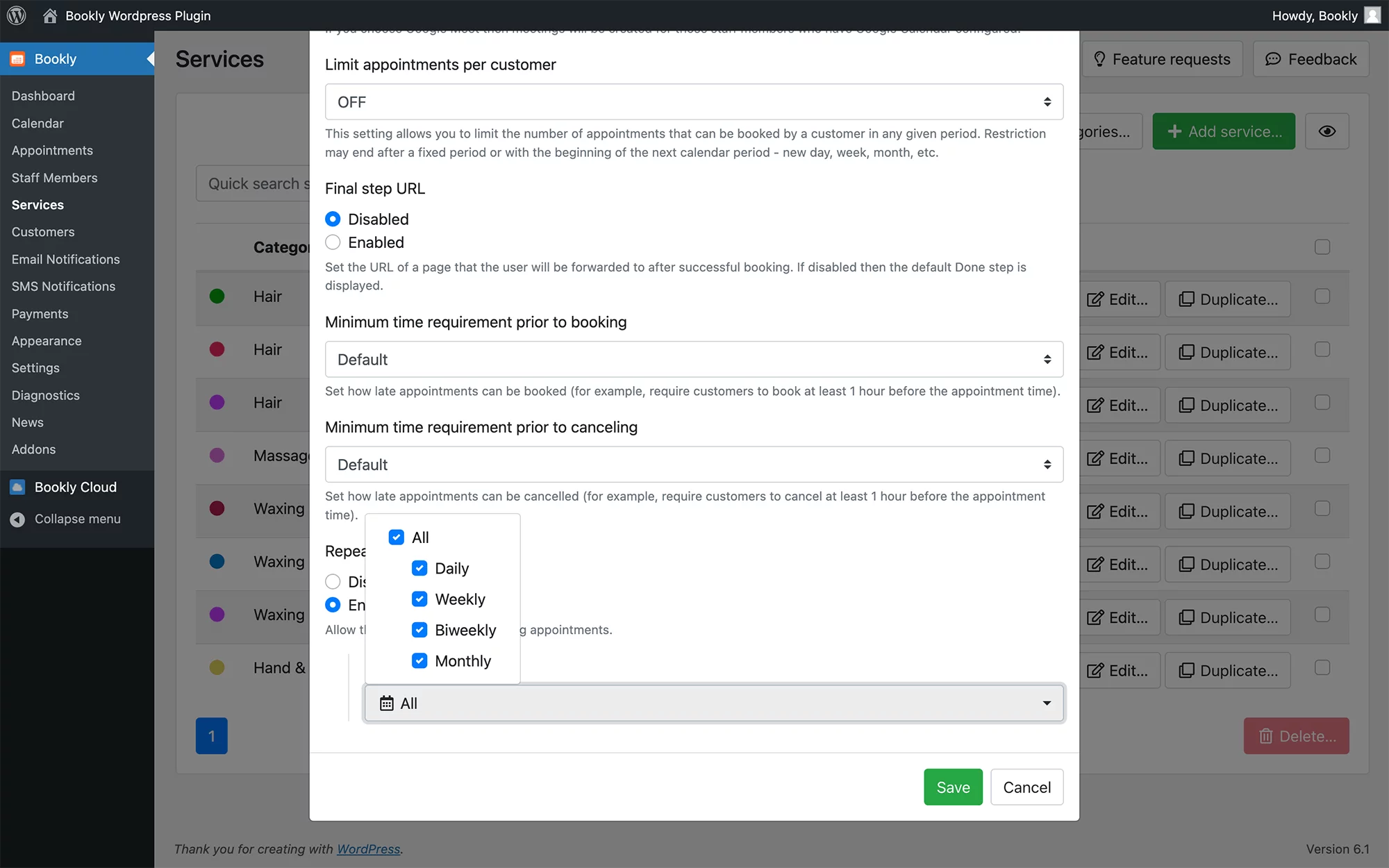Recurring appointments in Bookly