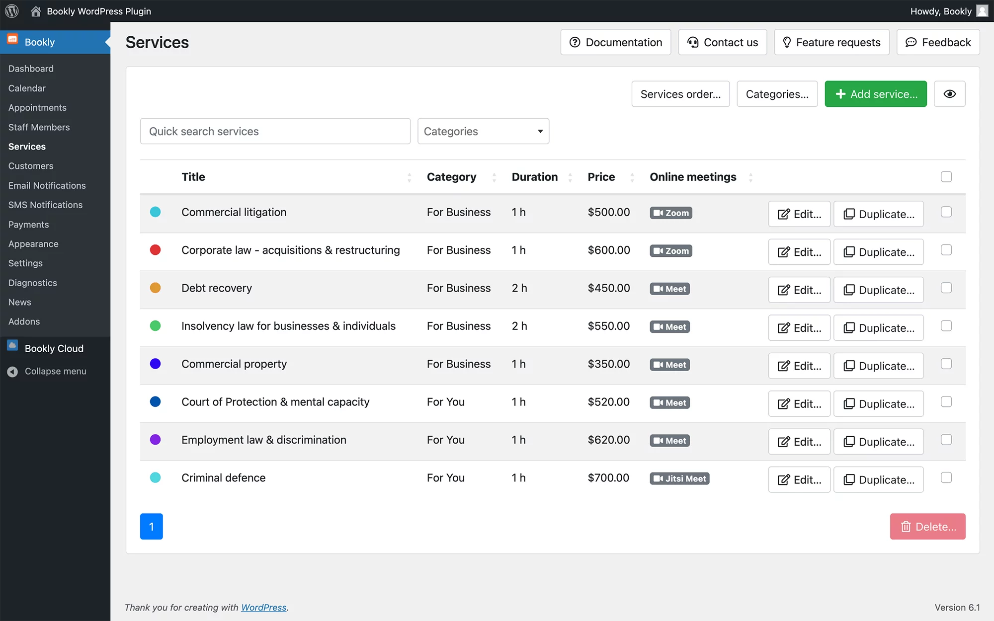 Unlimited number of services grouped into categories in Bookly PRO