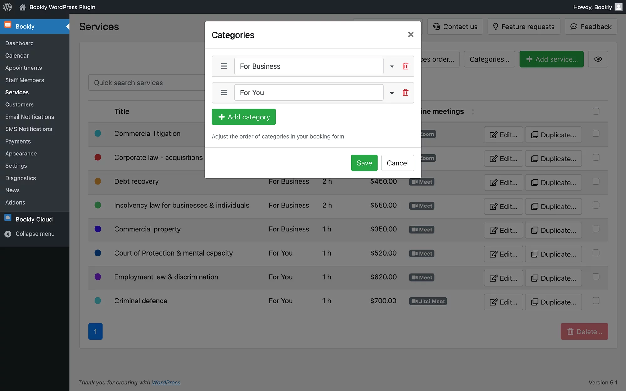 Unlimited number of services grouped into categories in Bookly PRO