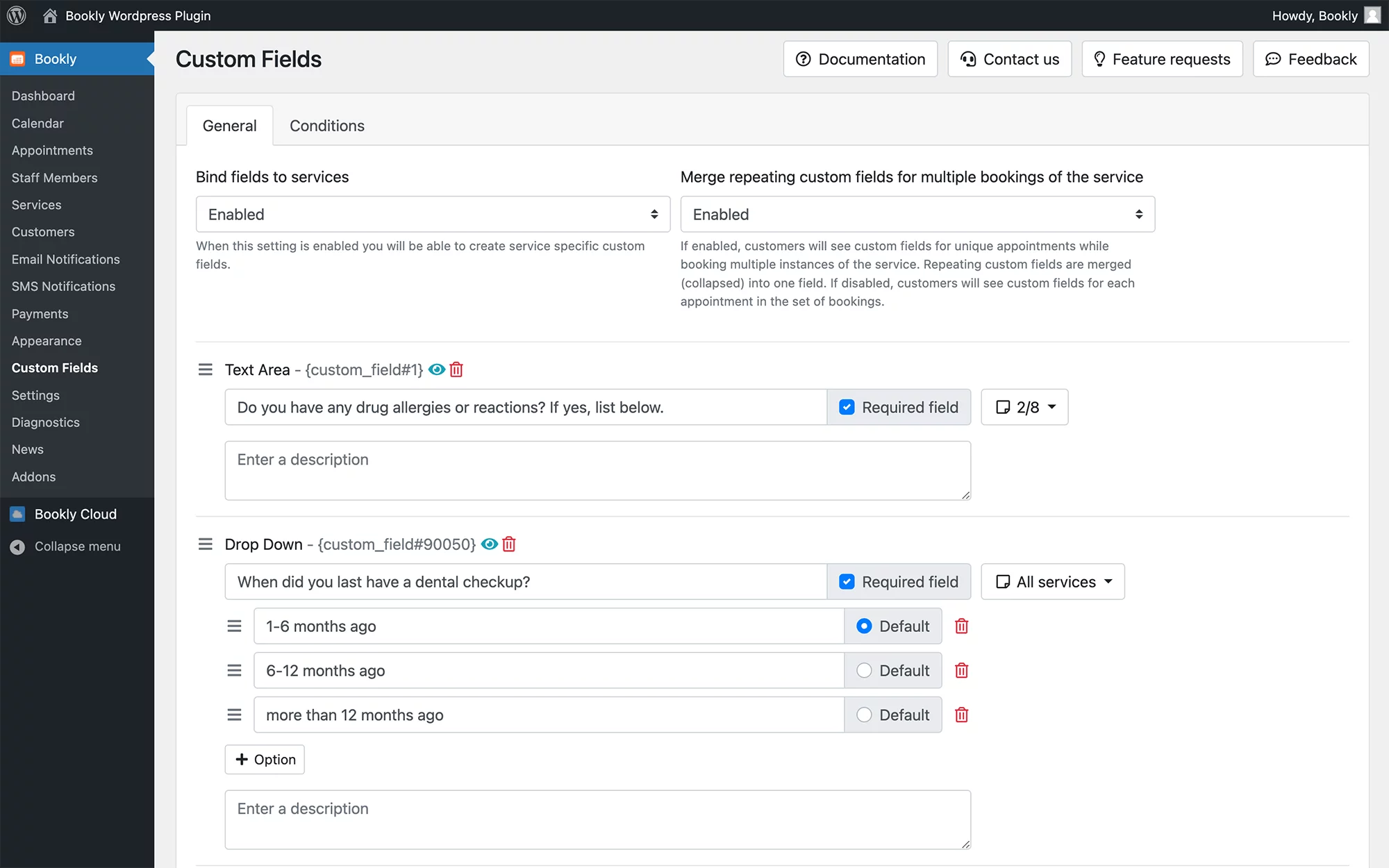 Various types of custom fields in your Bookly booking form