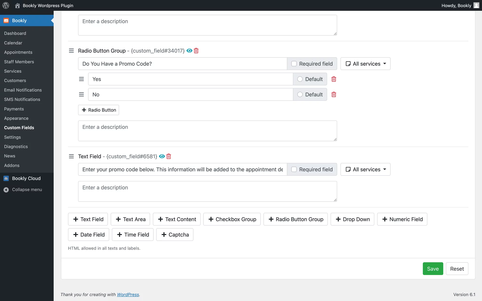 Various types of custom fields in your Bookly booking form