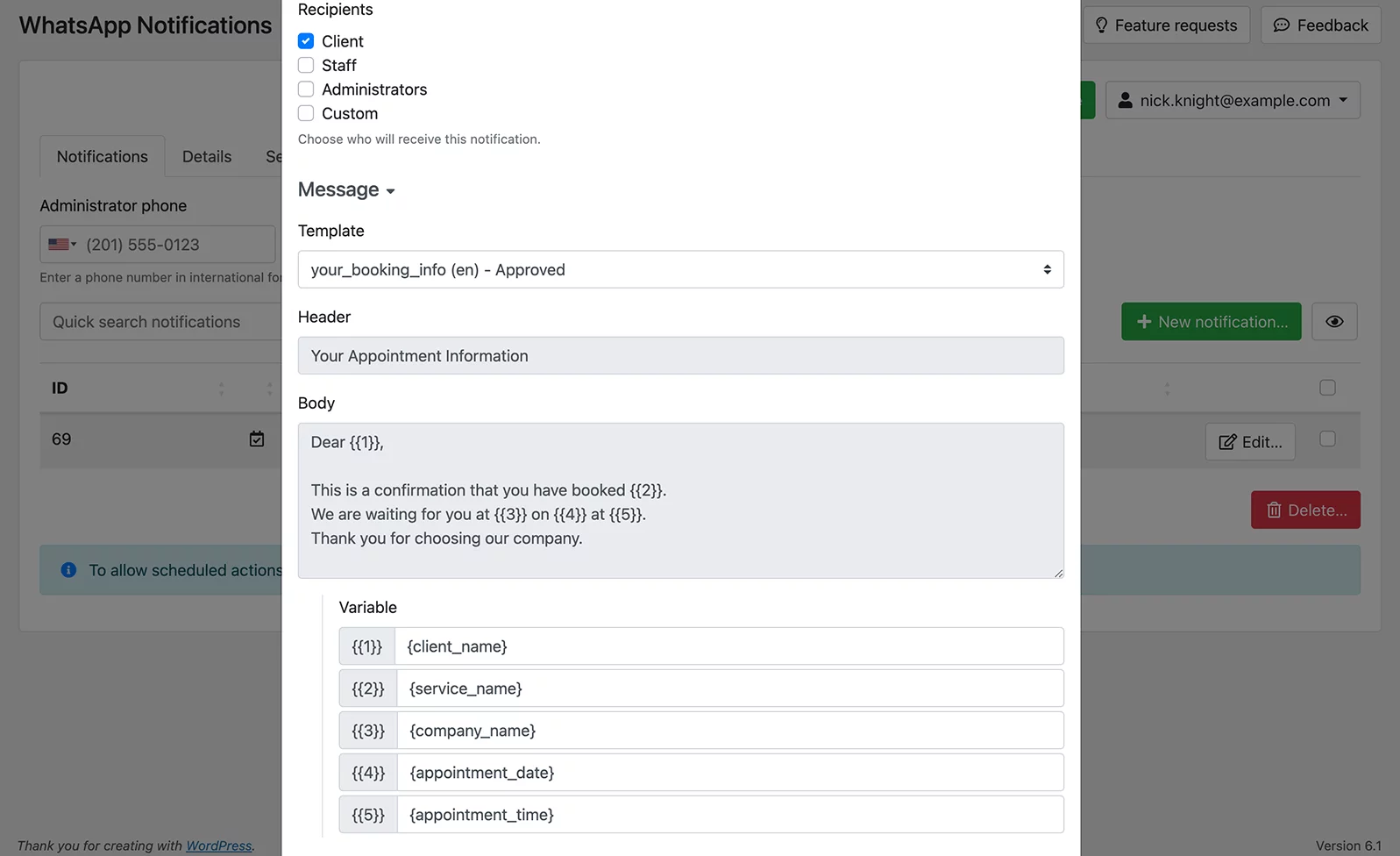 WhatsApp integration in Bookly